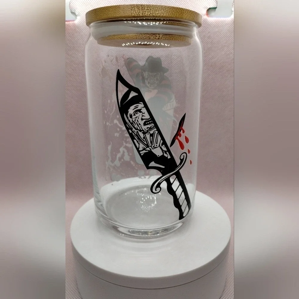 Freddy Krueger Horror 16oz Glass Can Cup Bamboo Lid Straw UV DTF Wrap Handmade